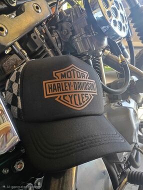 Harley-Davidson Black Cap with Orange Shield Logo and Checkered Panel